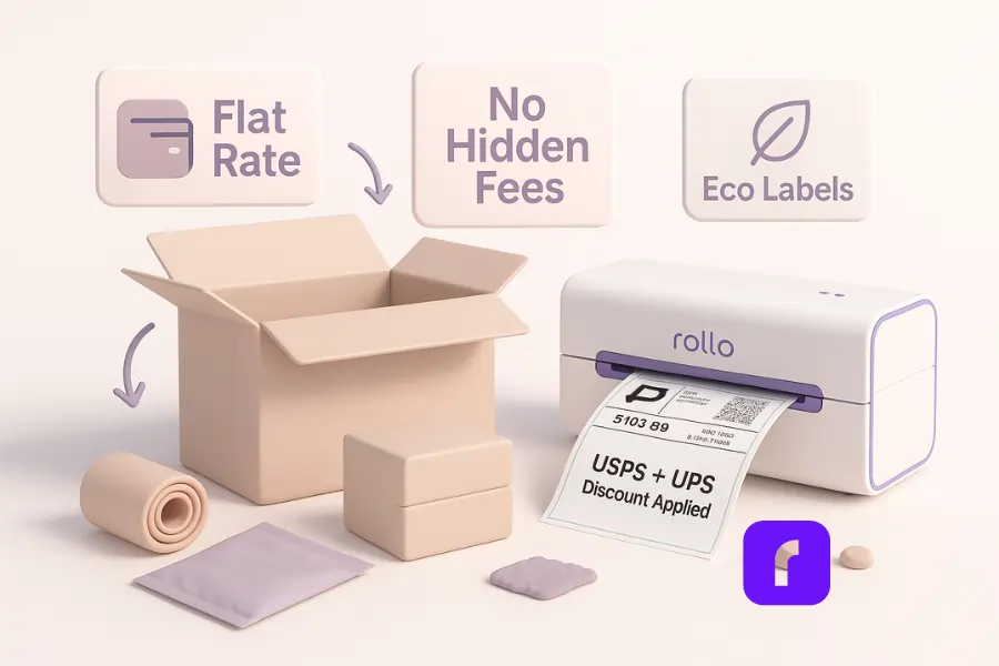 Minimalist 3D illustration showing a large shipping box shrinking into a smaller, eco-friendly box beside a Rollo Wireless Printer printing a label marked “USPS + UPS Discount Applied,” with floating tags reading “Flat Rate,” “No Hidden Fees,” and “Eco Labels,” surrounded by pastel packaging materials in soft lavender and beige tones.