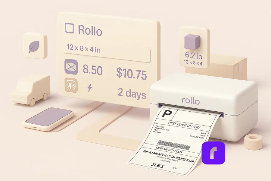 Minimalist 3D illustration showing the Rollo Wireless Label Printer printing a clean 4×6 label beside a floating Rollo Ship dashboard comparing USPS and UPS rates with live package data, set in soft pastel tones of cream, lavender, and blush pink.