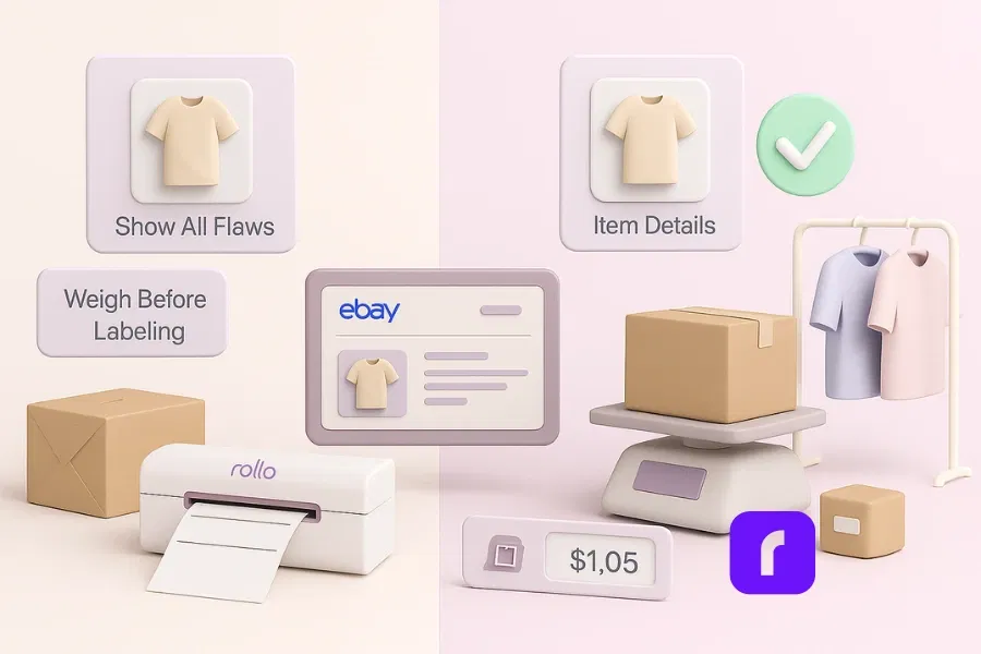 How to Sell on eBay and Simplify Shipping Forever 6 A minimalist 3D illustration showing a split-screen comparison of eBay selling practices. On the left, a crooked box and the reminder “Show All Flaws” represent common mistakes, while on the right, a well-packed box sits on a scale beside neat clothing and a glowing checkmark, symbolizing accuracy and best practices. Floating panels display tips like “Weigh Before Labeling” and “Item Details,” with a Rollo Wireless Printer printing a clean label below. The soft pastel palette of lavender, blush pink, taupe, and white conveys clarity and professionalism.