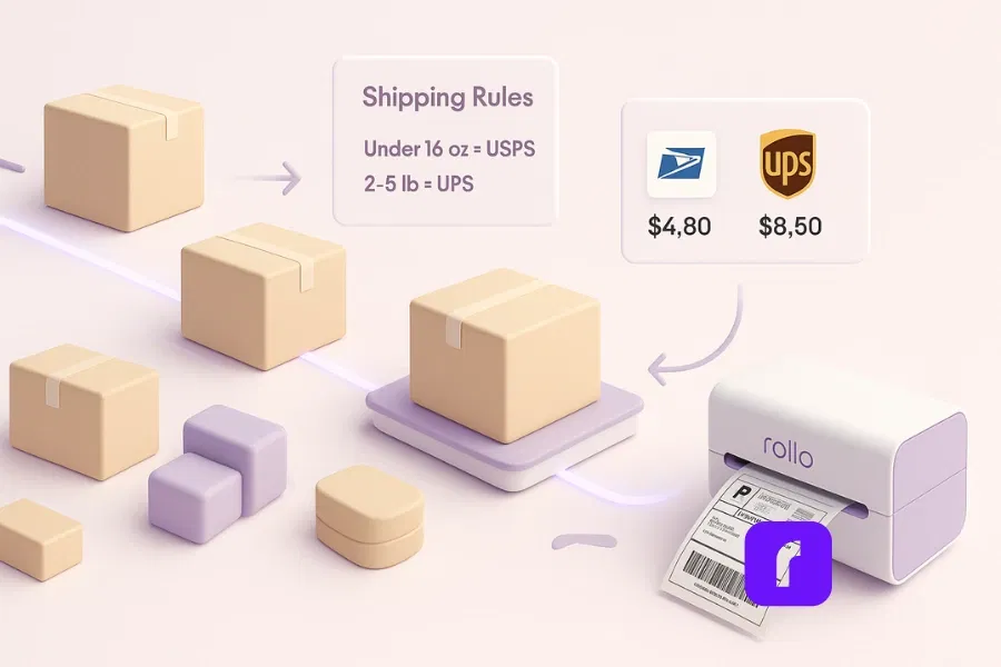 How to Sell on eBay and Simplify Shipping Forever 7 A minimalist 3D illustration depicting consistent, fast, and affordable eBay shipping. Several pastel-colored boxes glide along a glowing lavender conveyor line toward USPS and UPS icons showing rates ($4.80 and $8.50). A floating panel labeled “Shipping Rules” displays “Under 16 oz = USPS” and “2–5 lb = UPS.” On the right, a Rollo Wireless Printer prints a clean 4x6 label, symbolizing automation and efficiency. The soft lavender, blush pink, and taupe tones evoke calm speed and reliability.