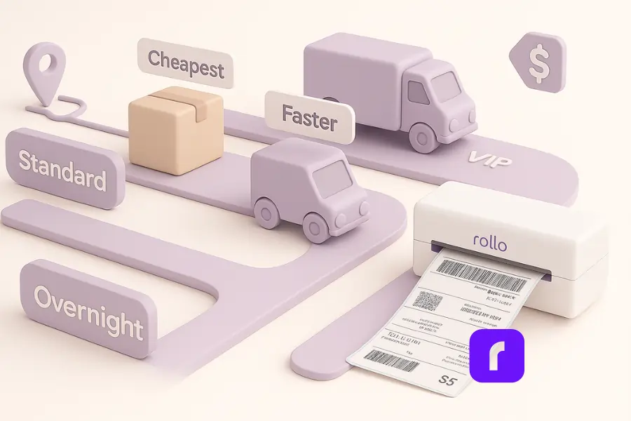 A 3D-rendered pastel illustration showing three delivery lanes labeled “Standard,” “Expedited,” and “Overnight,” each with stylized trucks and packages moving at different speeds. Floating tags read “Cheapest,” “Faster,” and “VIP,” representing the balance between delivery speed and cost. A Rollo Wireless Printer prints a shipping label in the foreground, symbolizing smart, cost-efficient fulfillment for online sellers.