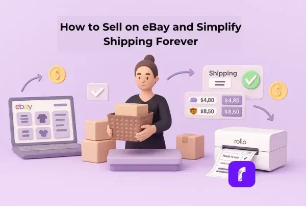 A minimalist 3D illustration showing a confident eBay seller managing orders with ease. The woman, wearing a black outfit and bun hairstyle, holds a woven basket with packages beside a lavender desk. On the left, a laptop displays eBay product listings; on the right, a Rollo Wireless Printer prints a shipping label with USPS and UPS rate options above it. Floating arrows, checkmarks, and dollar icons illustrate an automated, stress-free shipping workflow under the title “How to Sell on eBay and Simplify Shipping Forever.”