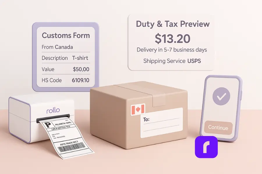 Canada Shipping and Delivery Services for Small Businesses 9 A minimalist 3D illustration of a Canadian small business preparing a cross-border shipment. A Rollo Wireless Printer prints a 4×6 shipping label beside a package with a Canadian flag sticker. Floating panels display a simplified customs form and a duty and tax preview, all in soft pastel colors with rounded geometric shapes.