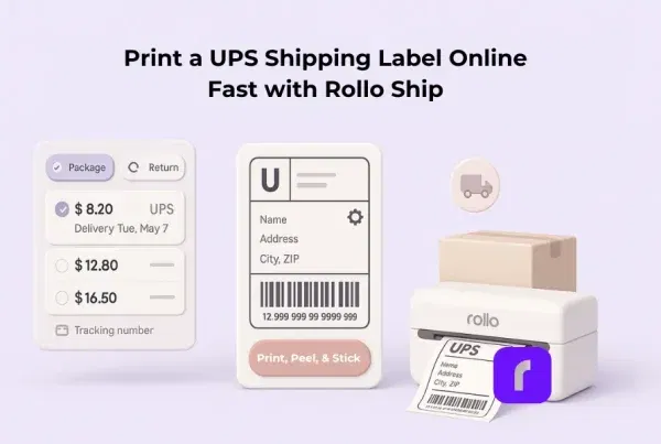 A minimalist 3D illustration of the Rollo Ship platform comparing UPS shipping rates, showing a digital UPS label preview and a Rollo Wireless Label Printer printing a label next to a neatly packed box, all set against a soft lavender background with the headline ‘Print a UPS Shipping Label Online Fast with Rollo Ship.