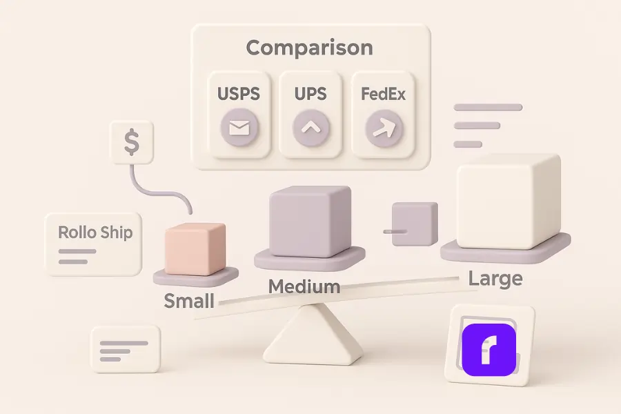 A minimalist 3D pastel illustration comparing shipping carriers by package type and weight. Three packages labeled “Small,” “Medium,” and “Large” sit on a balance scale beneath a floating chart showing USPS, UPS, and FedEx as options. Subtle icons and arrows indicate pricing and delivery speed differences, while a small Rollo Ship panel and shipping label connect the visual to real-world rate comparisons and automation.