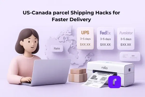 A minimalist 3D illustration showing a Canadian small business owner working on a pastel laptop with the back of the screen visible, comparing USPS, UPS, FedEx, and Purolator rates on floating panels above a soft 3D map of Canada. A Rollo Wireless Printer prints a 4×6 shipping label beside stacked parcels, representing faster US–Canada parcel shipping.