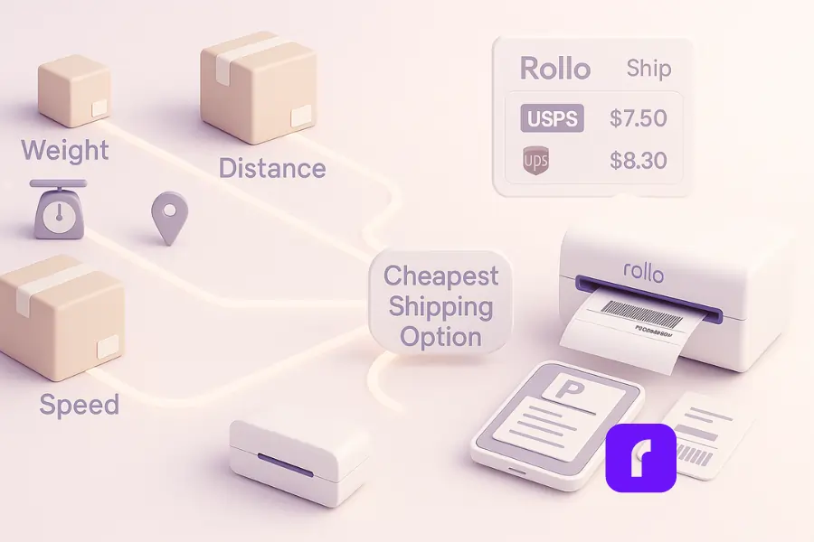 A minimalist 3D illustration in soft pastel tones showing how weight, distance, and speed determine the cheapest shipping options for online sellers. Three boxes travel along glowing labeled paths converging at a “Cheapest Shipping Option” node, with a Rollo Wireless Label Printer printing a label beside a smartphone and floating Rollo Ship rate comparison panel displaying USPS and UPS prices.