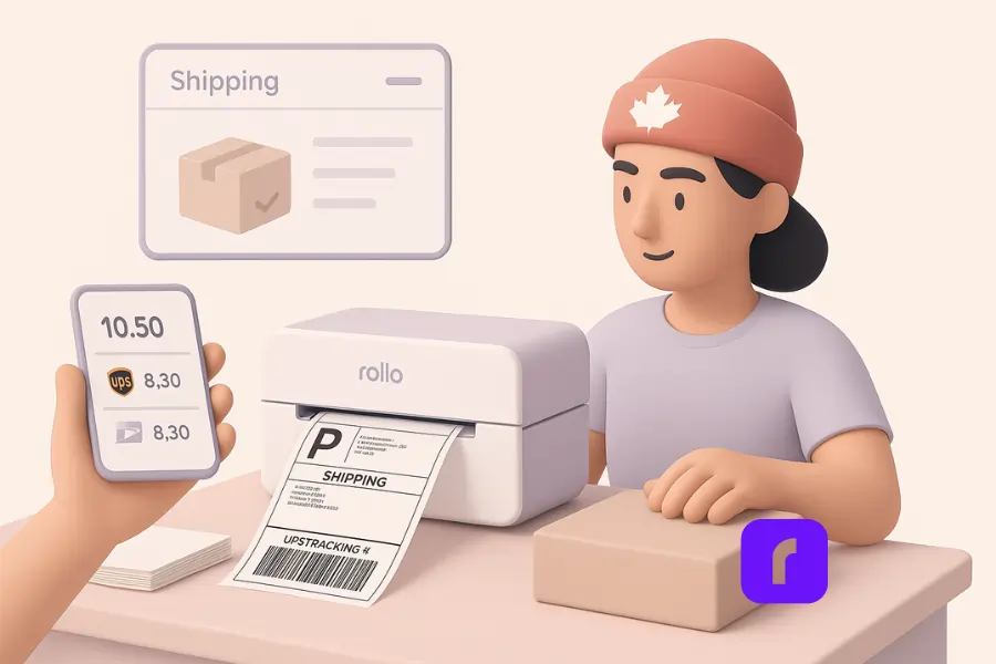 Canada Shipping and Delivery Services for Small Businesses 8 A minimalist 3D illustration of a Canadian small business owner using a Rollo Wireless Printer to print a 4×6 thermal shipping label. A floating shipping dashboard and a phone showing carrier rates appear above the workspace, with soft pastel colors and clean geometric shapes.