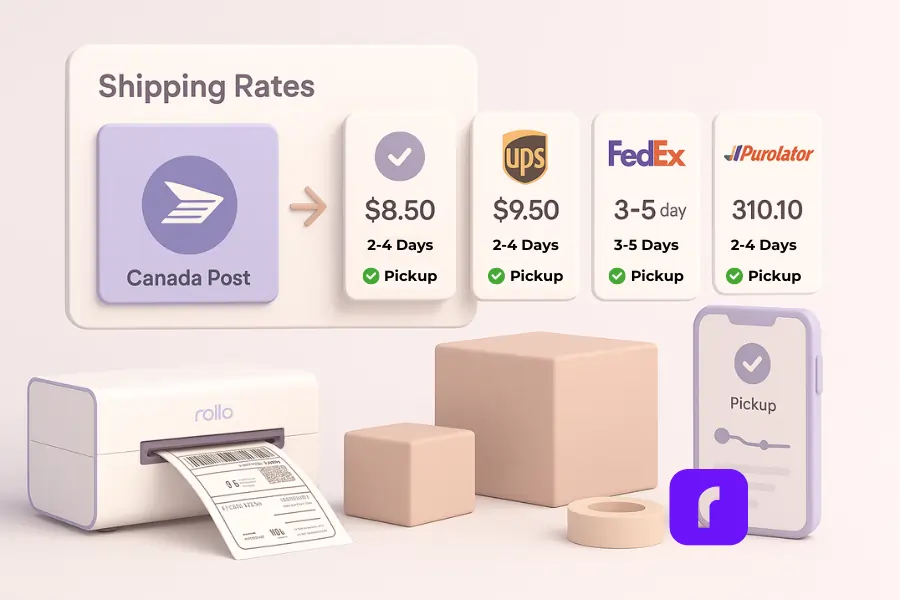 Canada Shipping and Delivery Services for Small Businesses 2 Minimalist pastel 3D illustration comparing Canada shipping and delivery services, showing an aggregator dashboard with Canada Post, UPS, FedEx, and Purolator rates side by side. A Rollo Wireless Printer prints a shipping label next to packages, tape, and a phone displaying pickup options, highlighting how businesses can find the cheapest shipping rates in Canada.