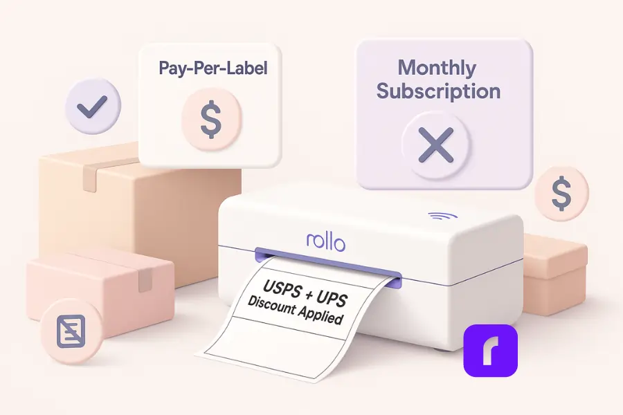 Minimalist 3D illustration showing a Rollo Wireless Printer printing a label that reads “USPS + UPS Discount Applied,” surrounded by pastel boxes and floating panels comparing “Pay-Per-Label” with a crossed-out “Monthly Subscription,” symbolizing no contracts, no fees, and instant savings.