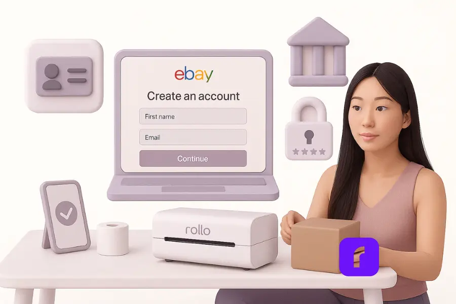 How to Sell on eBay and Simplify Shipping Forever 1 A minimalist 3D illustration of a woman setting up her eBay seller account at a pastel-toned desk. She holds a small brown shipping box beside a white Rollo Wireless Printer, with a lavender laptop displaying the eBay “Create an account” page. Floating icons of an ID card, bank, lock, and phone represent verification, security, and setup steps in a calm, modern workspace representing How to Sell on eBay.