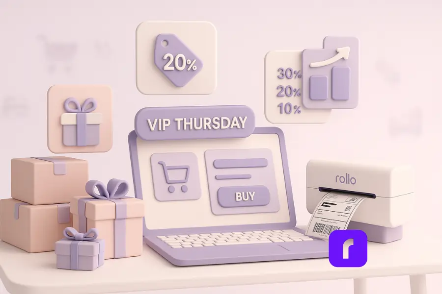 Black Friday Promotion Ideas for E-Commerce Growth 2 A minimalist 3D illustration depicting a small business workspace preparing for Black Friday, featuring a pastel laptop with a “VIP Thursday” banner, floating discount icons, wrapped gift boxes symbolizing bundles, and a Rollo Wireless Printer printing a shipping label—representing smart, organized Black Friday tactics for small business success.