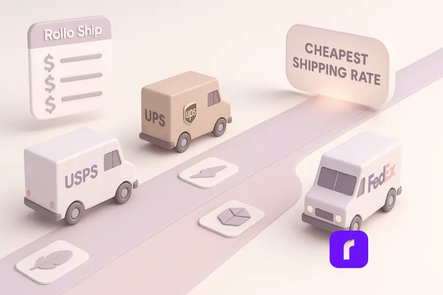 Minimalist 3D illustration showing three unbranded pastel delivery trucks racing along smooth lanes toward a glowing “Cheapest Shipping Rate” sign, with floating Rollo Ship rate panels and icons for light, speed, and heavy packages.