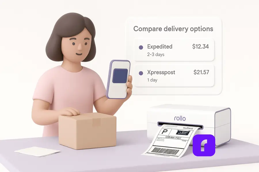 How to Use Canada Post Shipping & Promo Tools with Rollo 3 A minimalist 3D illustration of a Canadian small business owner using Canada Post Snap Ship to compare delivery options and print a shipping label with a Rollo Wireless Printer in a smooth, end-to-end workflow.