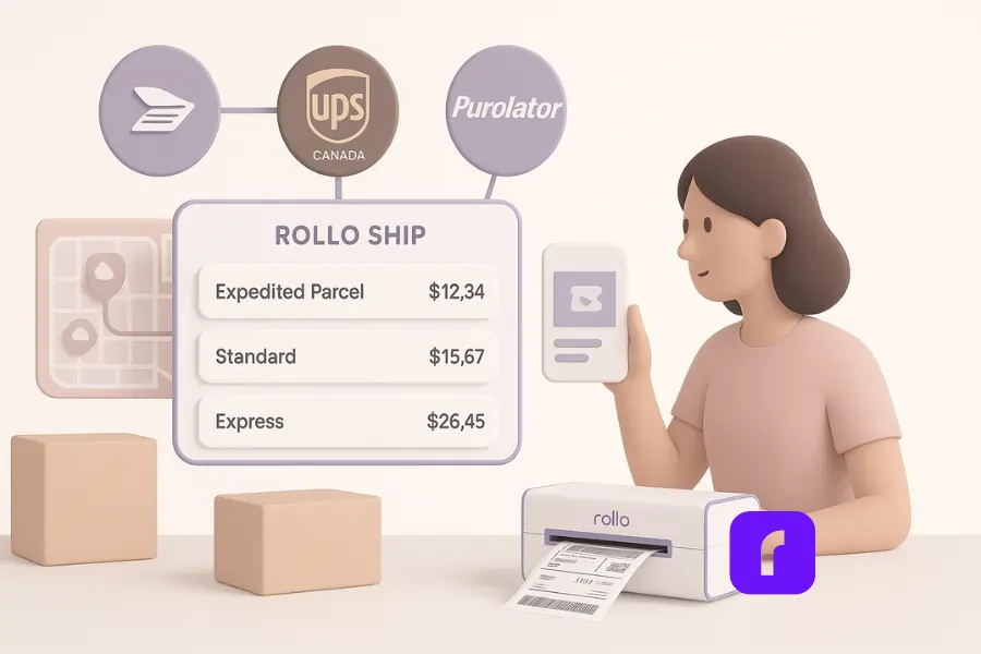 How to Use Canada Post Shipping & Promo Tools with Rollo 5 A minimalist 3D illustration of a Canadian seller using Rollo Ship to compare real-time shipping rates from Canada Post, UPS Canada, FedEx Canada, and Purolator, with floating carrier icons, a unified rate comparison dashboard, and a Rollo Wireless Printer printing a 4×6 label.
