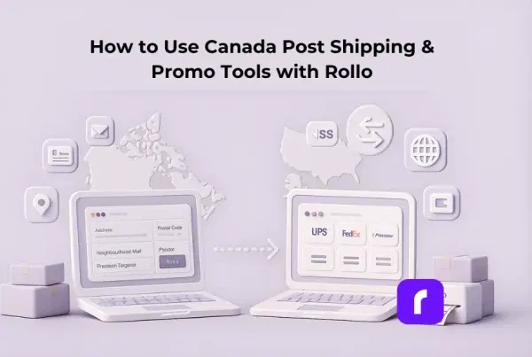 A minimalist 3D illustration showing two laptops under a centered title. The left laptop displays simplified Canada Post Snap Ship and promo tool elements with parcels and icons. The right laptop shows a generic Rollo Ship multi-carrier dashboard with a Rollo Wireless Printer printing a 4×6 label. A soft dotted arrow connects the two workflows, all in pastel tones on a solid background.