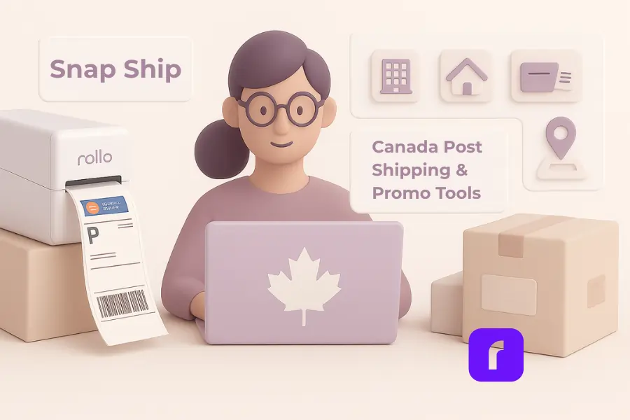 How to Use Canada Post Shipping & Promo Tools with Rollo 1 Minimalist 3D illustration of a Canadian small business owner using Snap Ship and Canada Post Shipping & Promo Tools on a laptop while a Rollo wireless printer prints a Canada Post label, with floating UI icons and parcels in soft pastel colors.