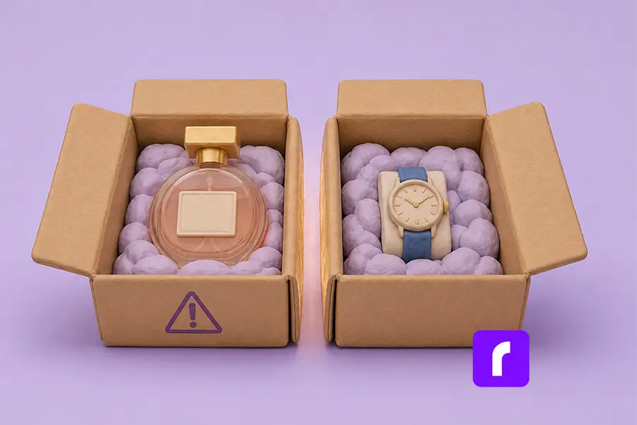 How to Ship Perfume: USPS Hazmat Rules for Fragrance & Cosmetics 7 One shipping box splitting into two, one with a perfume bottle and one with a watch, showing why a luxury gift set ships separately